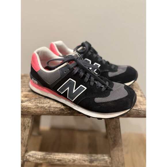 New Balance 574 Black Gray Neon Pink Suede Mens 9.5 Womens 11 VGUC Sneaker Encap - Picture 4 of 13